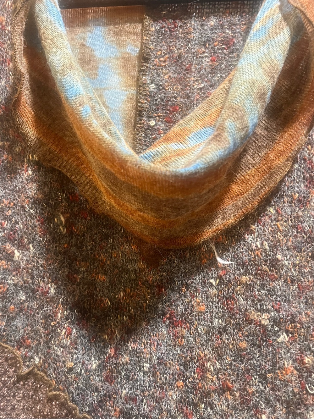 Feratelli brand Boho Patchwork Cowl Neck topBrown & Teal size large - Picture 3 of 8